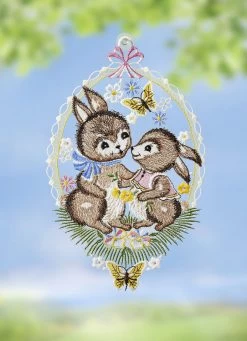 Fensterbild Mit Hasenpaar Aus Plauener Spitze