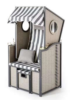 Single-Strandkorb Mit 2 Sichtfensern/Bullaugen -Deko Garten Verkauf single strandkorb mit 2 sichtfensernbullaugen farbe grau beige 1