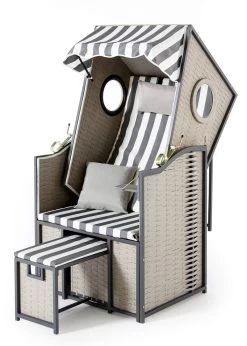 Single-Strandkorb Mit 2 Sichtfensern/Bullaugen -Deko Garten Verkauf single strandkorb mit 2 sichtfensernbullaugen farbe grau beige 3