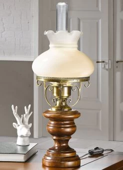 Tischleuchte Aus Messingbeschichtetem Eisen Und Holz